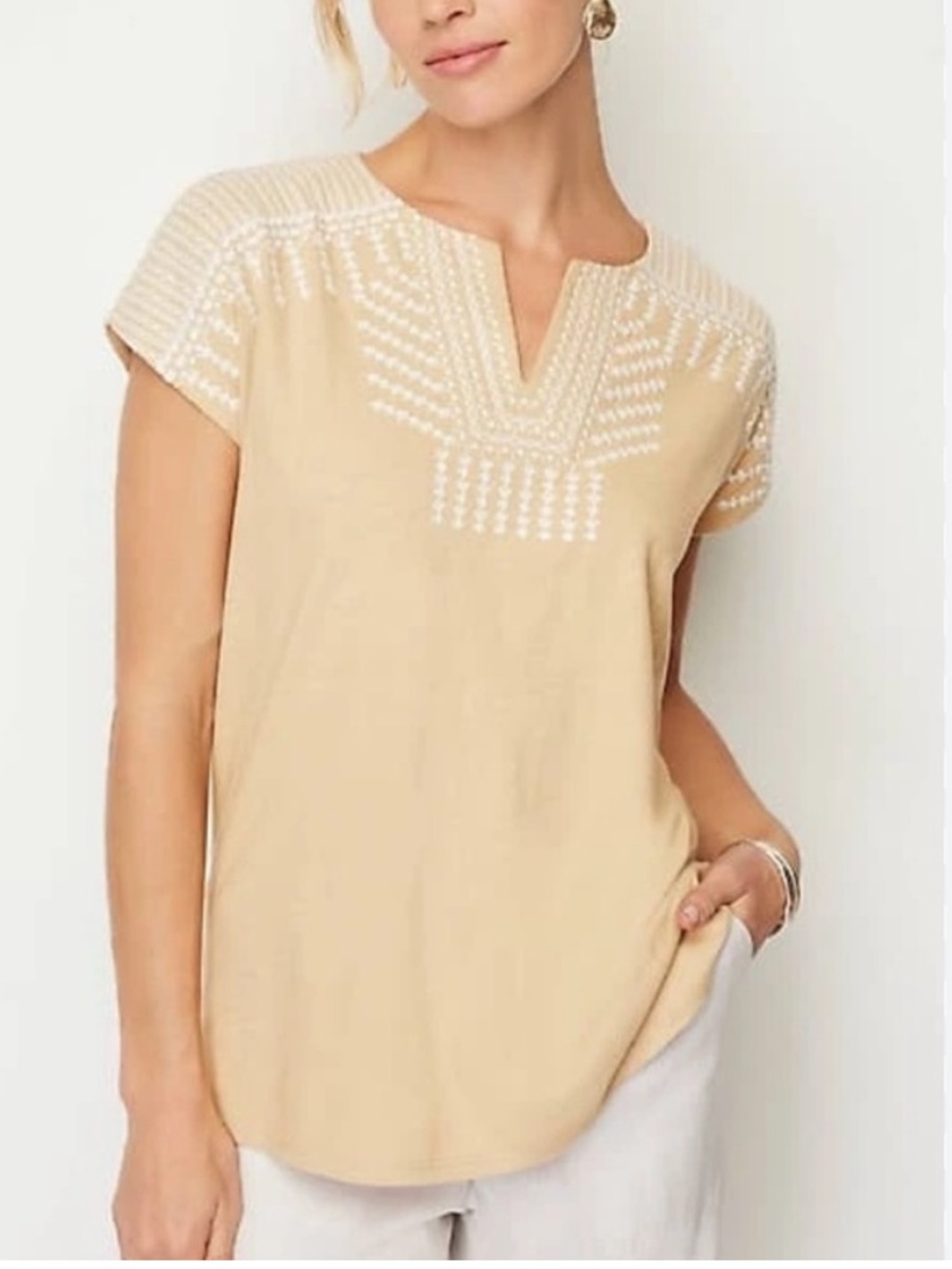 Pure Jill Embroidered Camel Short-Sleeve Cotton Linen Blend Top Size 2X